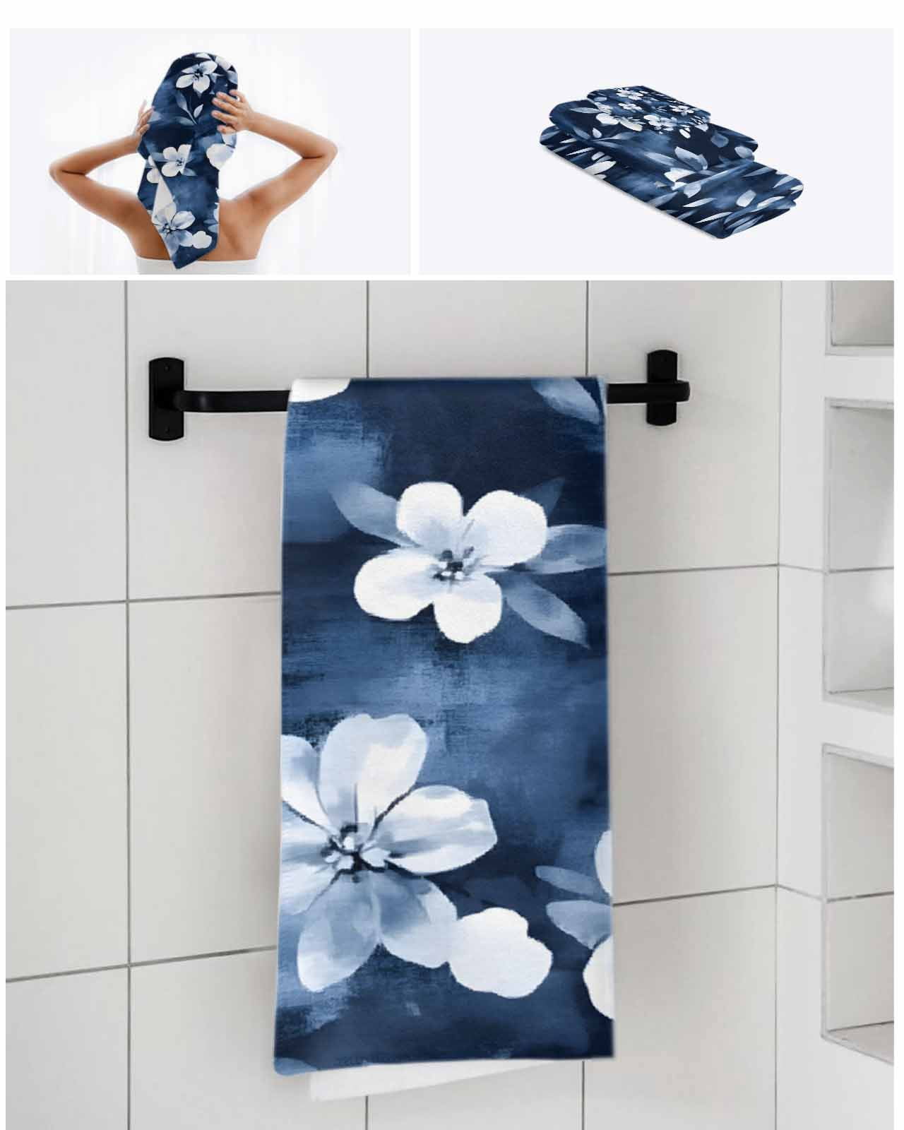 Navy Blue Spring Floral Towel Set of 3, Soft Microfiber Bath Towels, Hand Towel, Washcloths, Summer Flowers Watercolor Botanical Quick-Dry Absorbent Towels for Bathroom Kitchen Hotel Beach Gym Spa