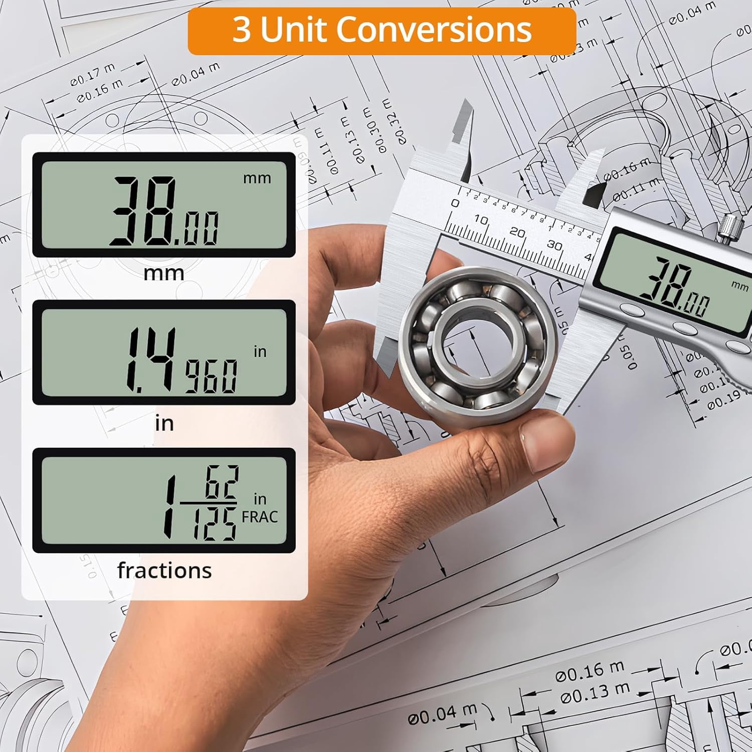Neoteck 6" Digital Caliper, Stainless Steel, LCD Display, Fraction/Inch/MM Conversion, for Inside/Outside Diameter, Depth, Step Measurement