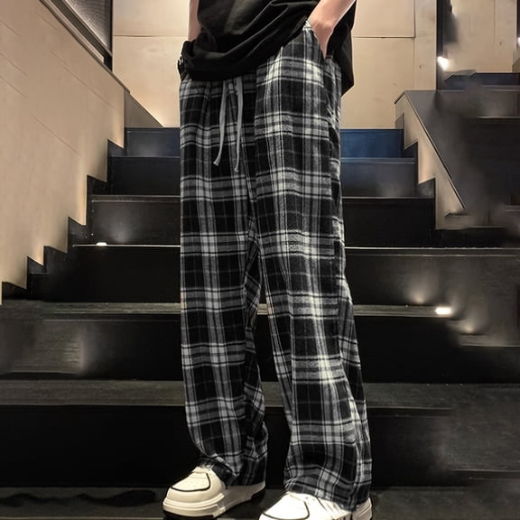 HOWPAY Plaid Pants for Men Wide Leg Baggy Sweatpants with Pockets Casual Drawstring Elastic Waist Comfortable Loose Fit Lounge Pants Black L
