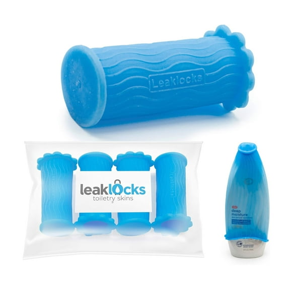 Leak Locks: 4 Pack Toiletry Skins for Leak Proofing Travel Containers in Luggage. Protects Standard and Travel Sized Toiletries. Reusable Accessory for Travel Bag, Suitcase and Carry On Luggage.