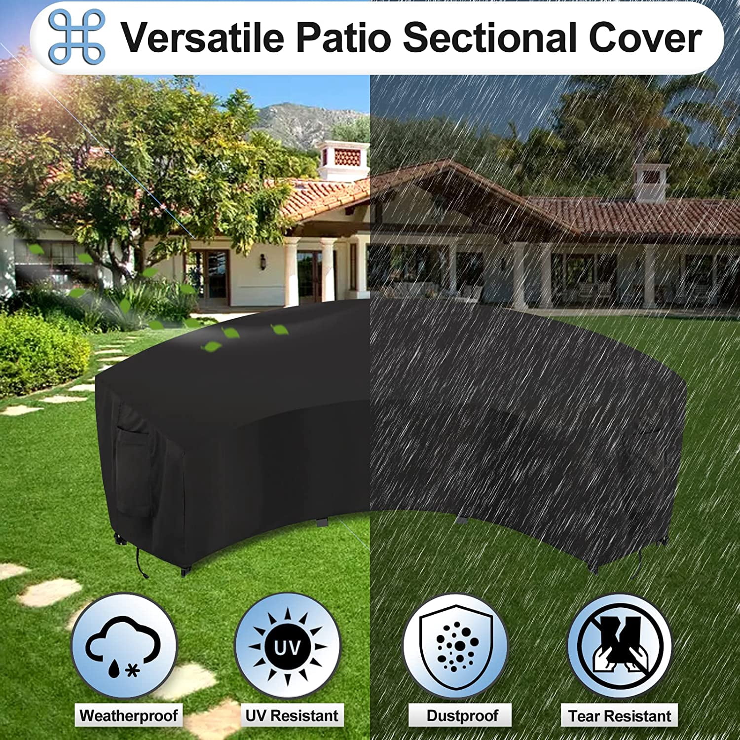 Waterproof Curved Outdoor Sectional Cover - UV Resistant Windproof Patio Sectional Sofa Covers for Deck, Lawn and Backyard, Heavy Duty Furniture Covers (150Lx36Dx38Hx112FL, Camel)