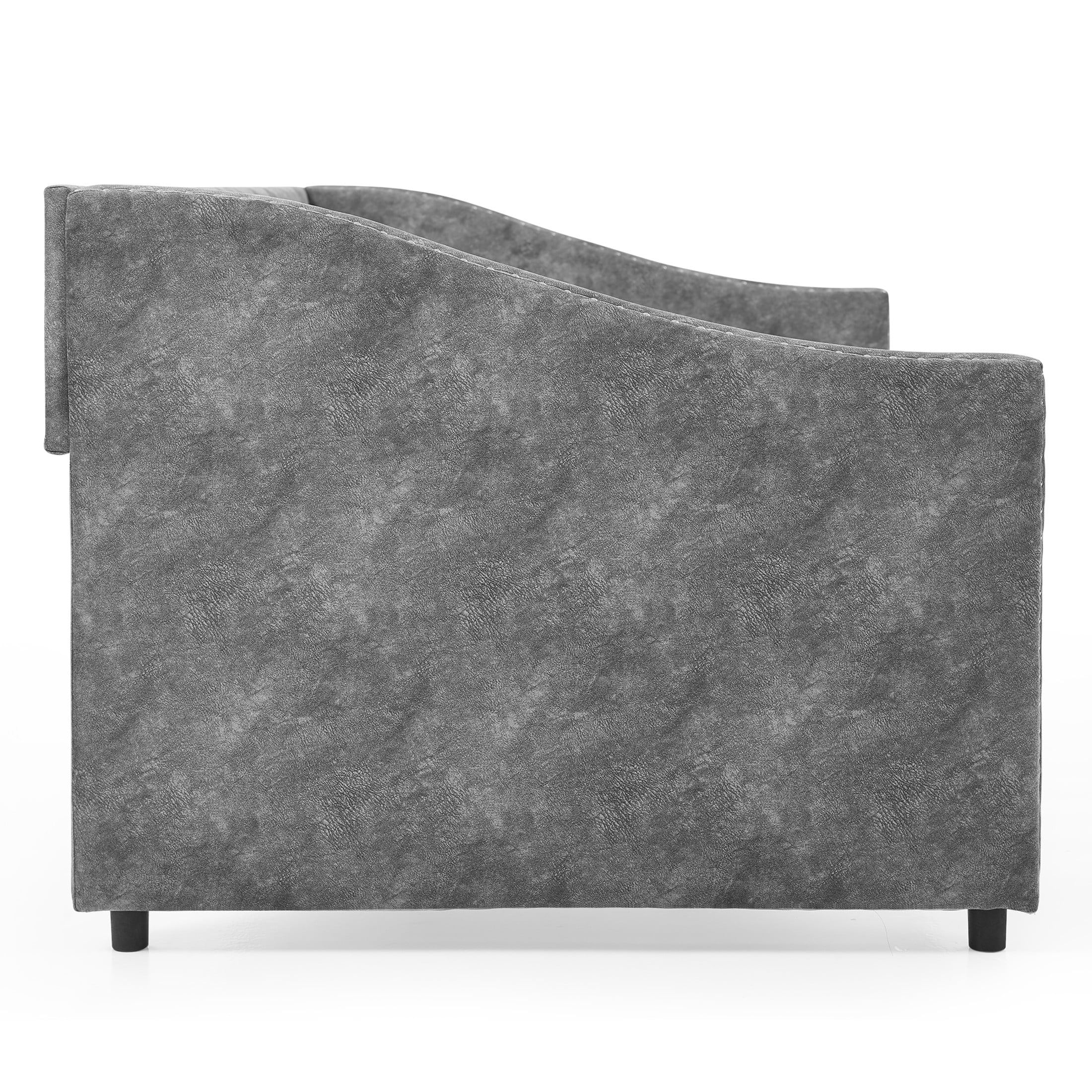Noble House Solley Mid-Century Full Size Upholstered Daybed with Tufted Back & Storage Drawers, Waved Shape Arms, Grey