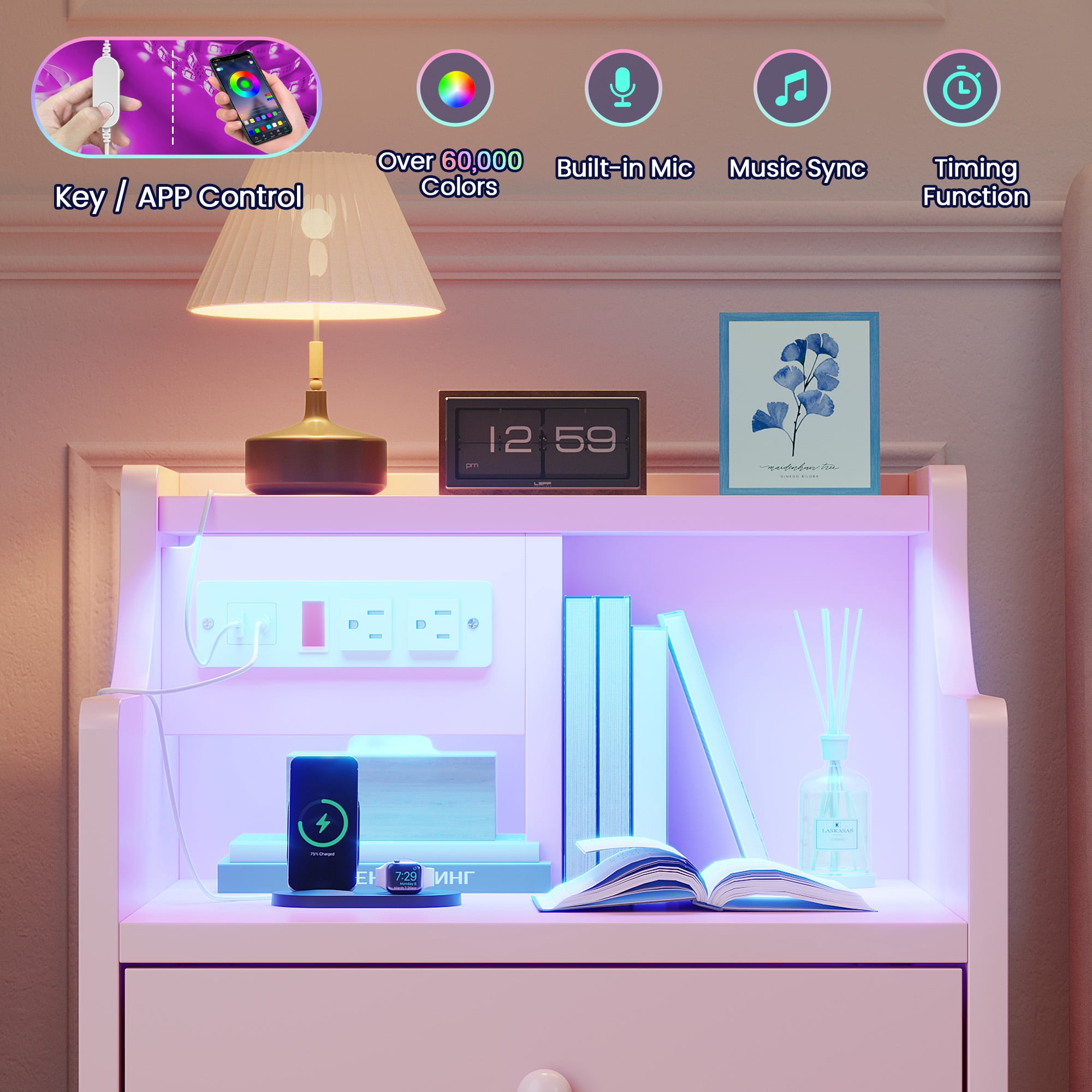 Pink Nightstand with Charging Station and LED Lights for Bedroom, Morden Night Stand with Hutch and Storage Drawers,End Side Table- 1Pcs
