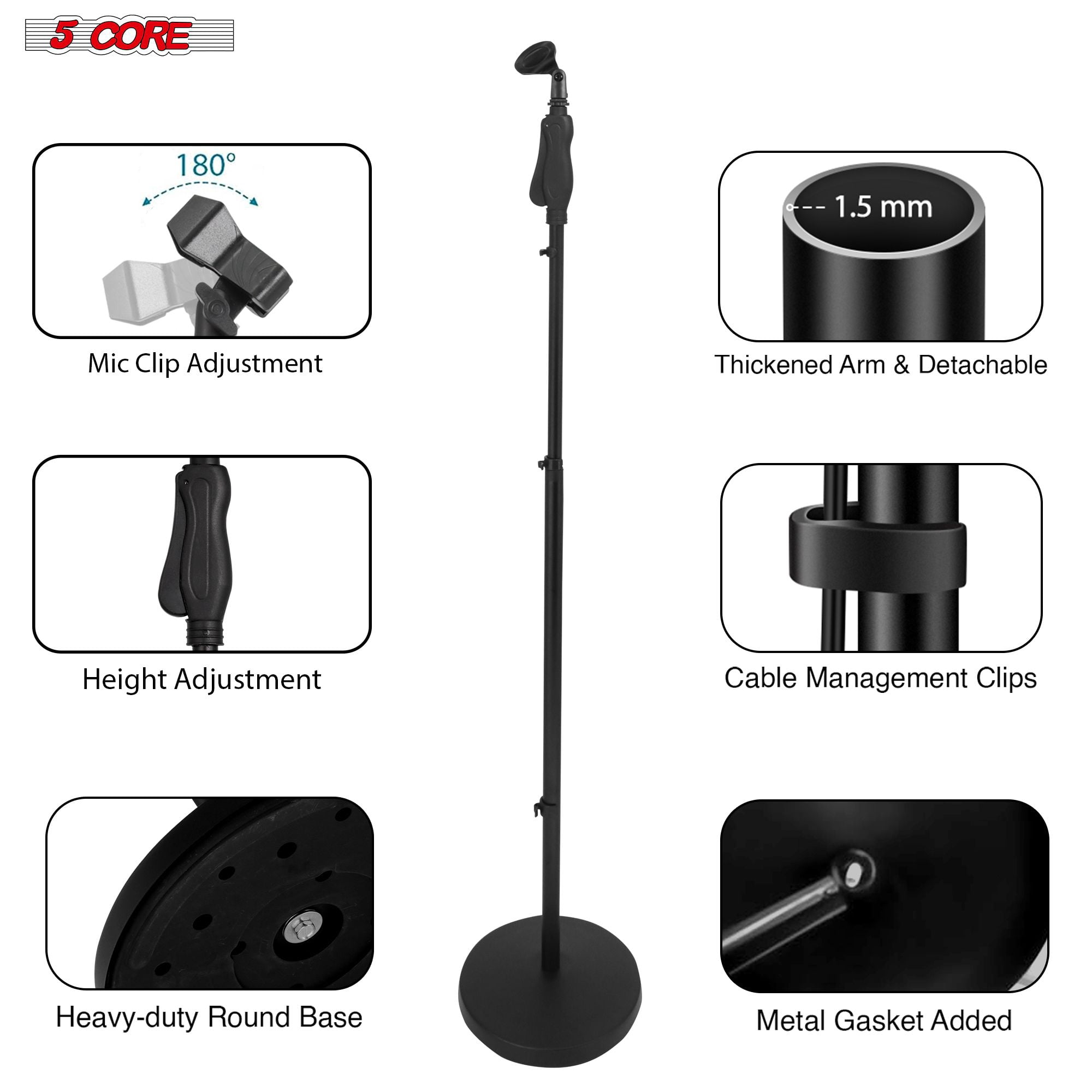 2Pcs Heavy Duty Adjustable Floor Mic Stand (35-57") w/Quick-Setting Knob & Accessories - 10" Base, 2 Clips, Wire Management