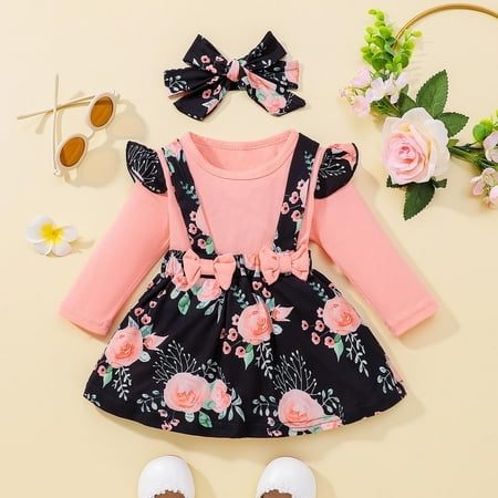 

Loopsun Long Sleeve Round-Neck Dress Toddler Kids Baby Girls Fashion Cute Long Sleeve Flowers Pattern Romper Strap Skirt Bow Headdress Suit