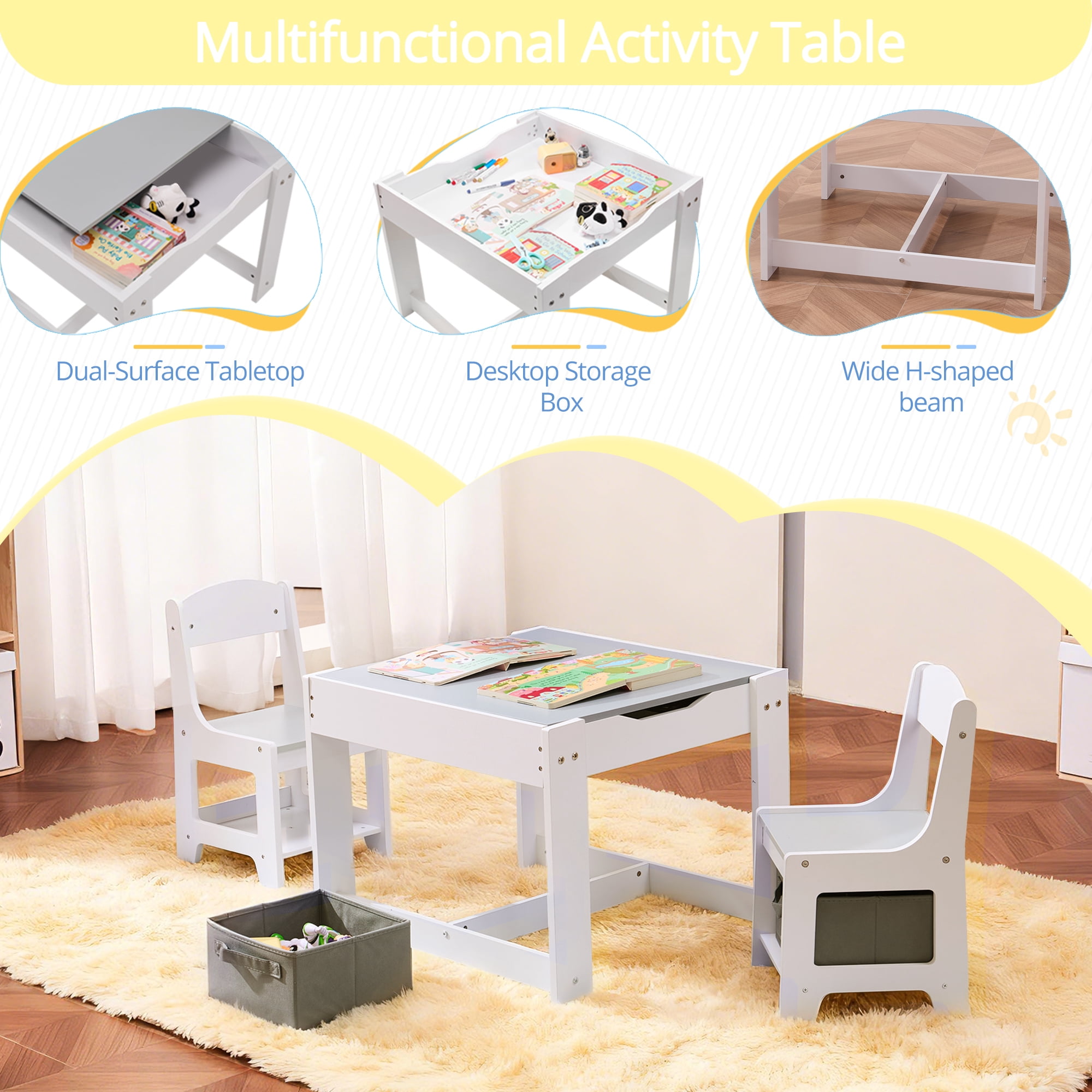 Toddler Table and Chair Set - Kids Table and Chairs with Detachable Tabletop & Storage Drawers, Kids Furniture Set for Crafts, Arts