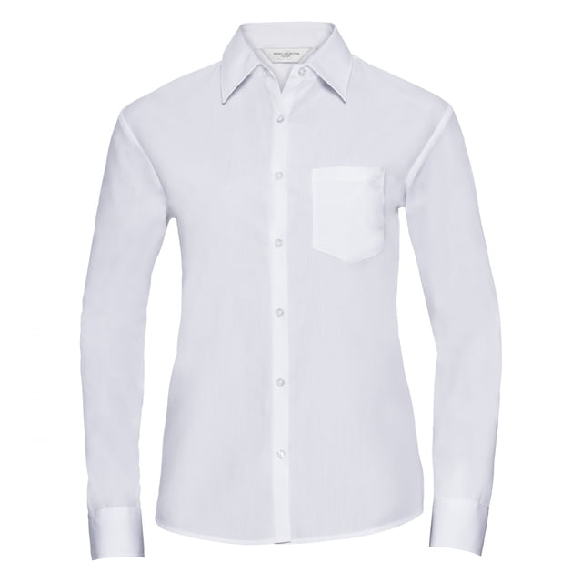 Russell Collection- Camisa de manga larga de popelín y poliéster/algodón de fácil cuidado para mujer (Blanco)