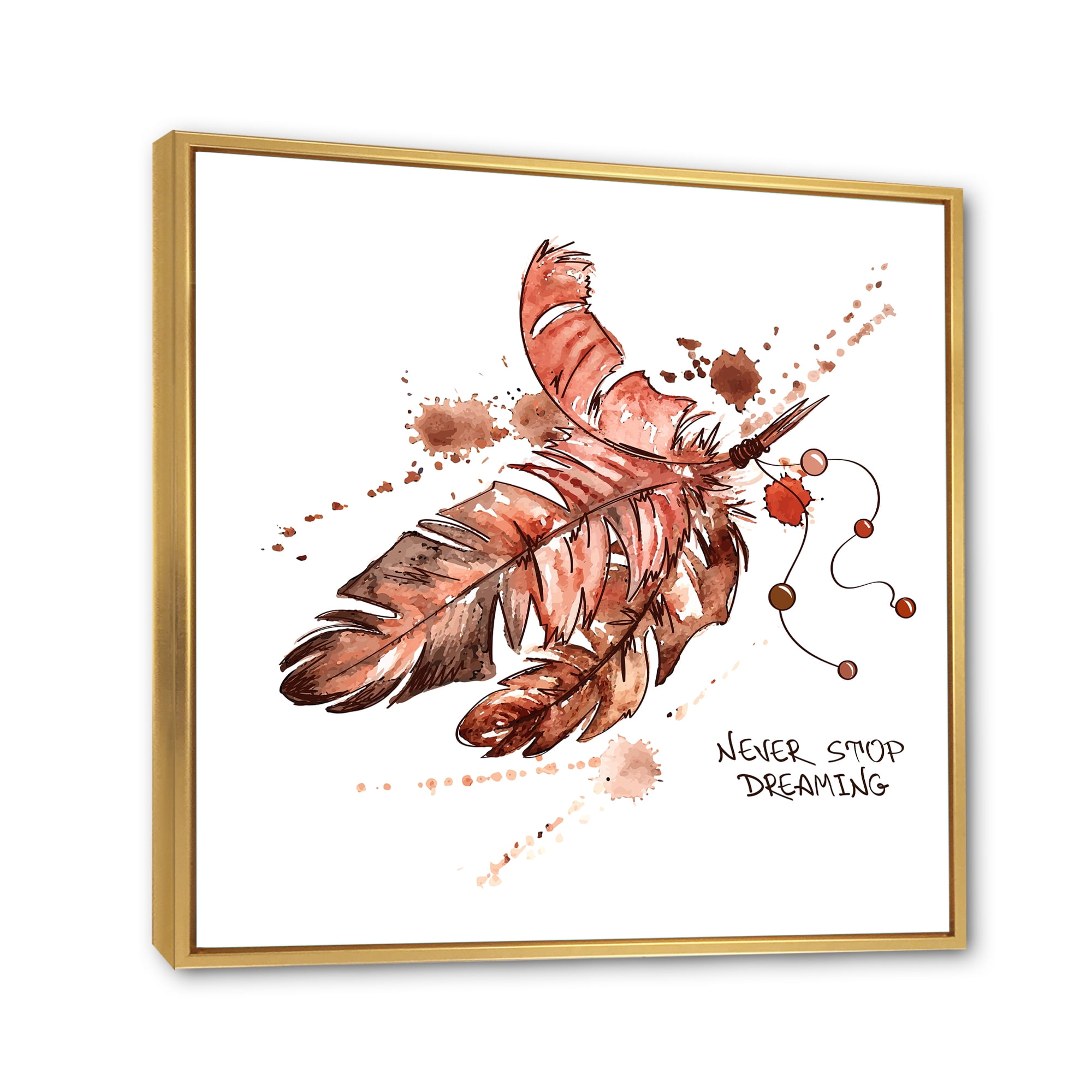 Designart 'Bird Feathers In Earth Tones Never Stop Dreaming' Bohemian & Eclectic Framed Canvas Wall Art Print