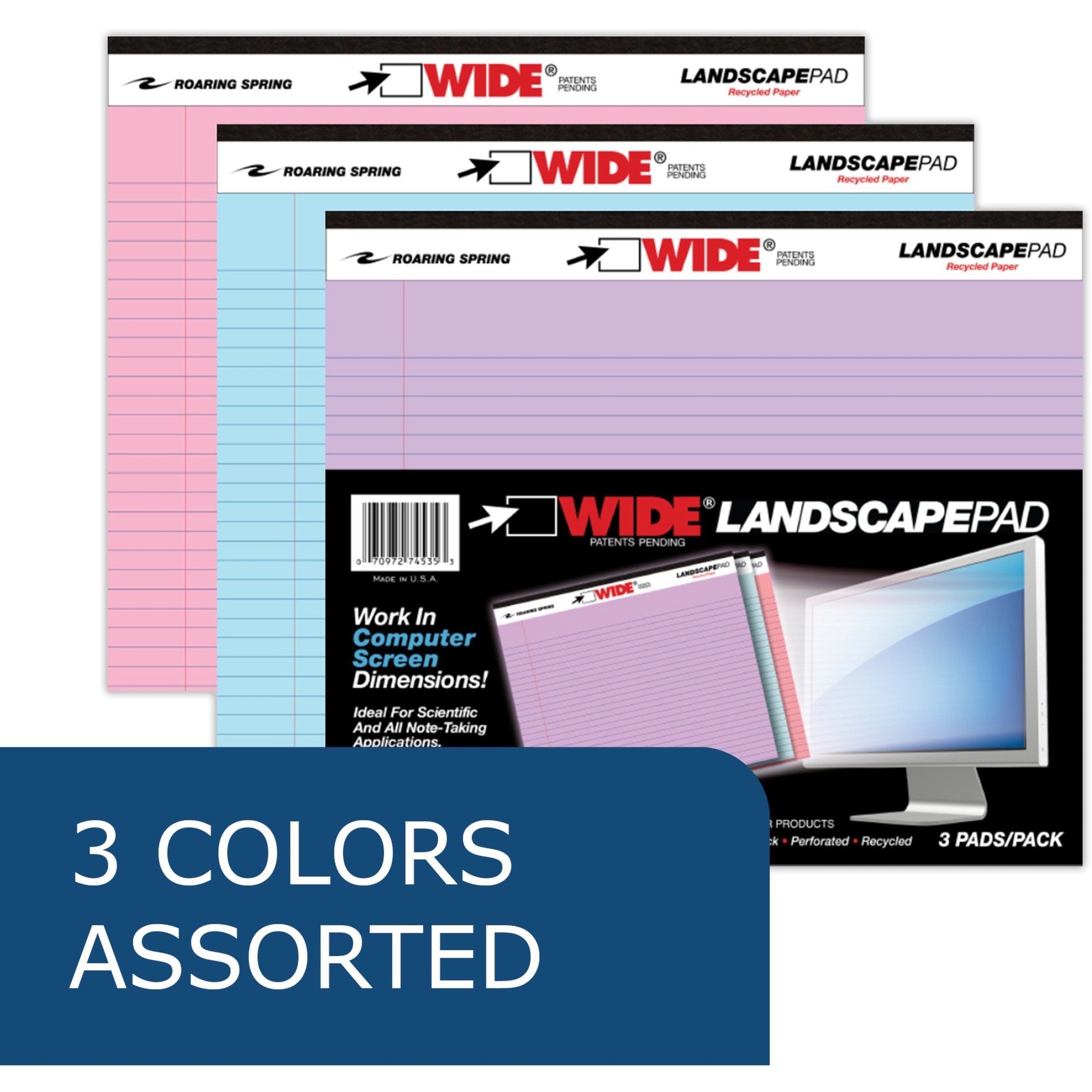 Roaring Spring Wide College Ruled Landscape Colored Legal Pad, 1 Case (12 Total 3 Packs), 11" x 9.5" 40 Sheets, Assorted Colors