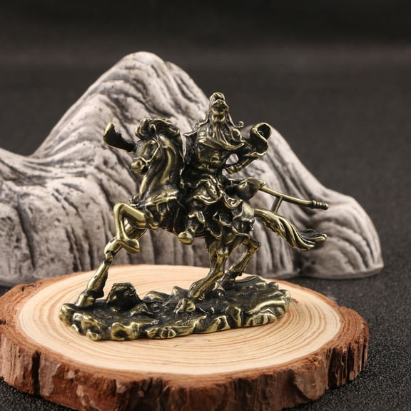 Vintage Brass Guan Yu Statue on Horseback Chinese Warrior God Figurine Home Office Altar Decor Feng Shui Ornament