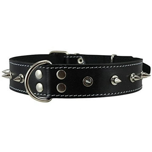 Real Leather Black Spiked Dog Collar Spikes, 1.5" Wide. Fits 17"-21.5" Neck, Large Breeds.