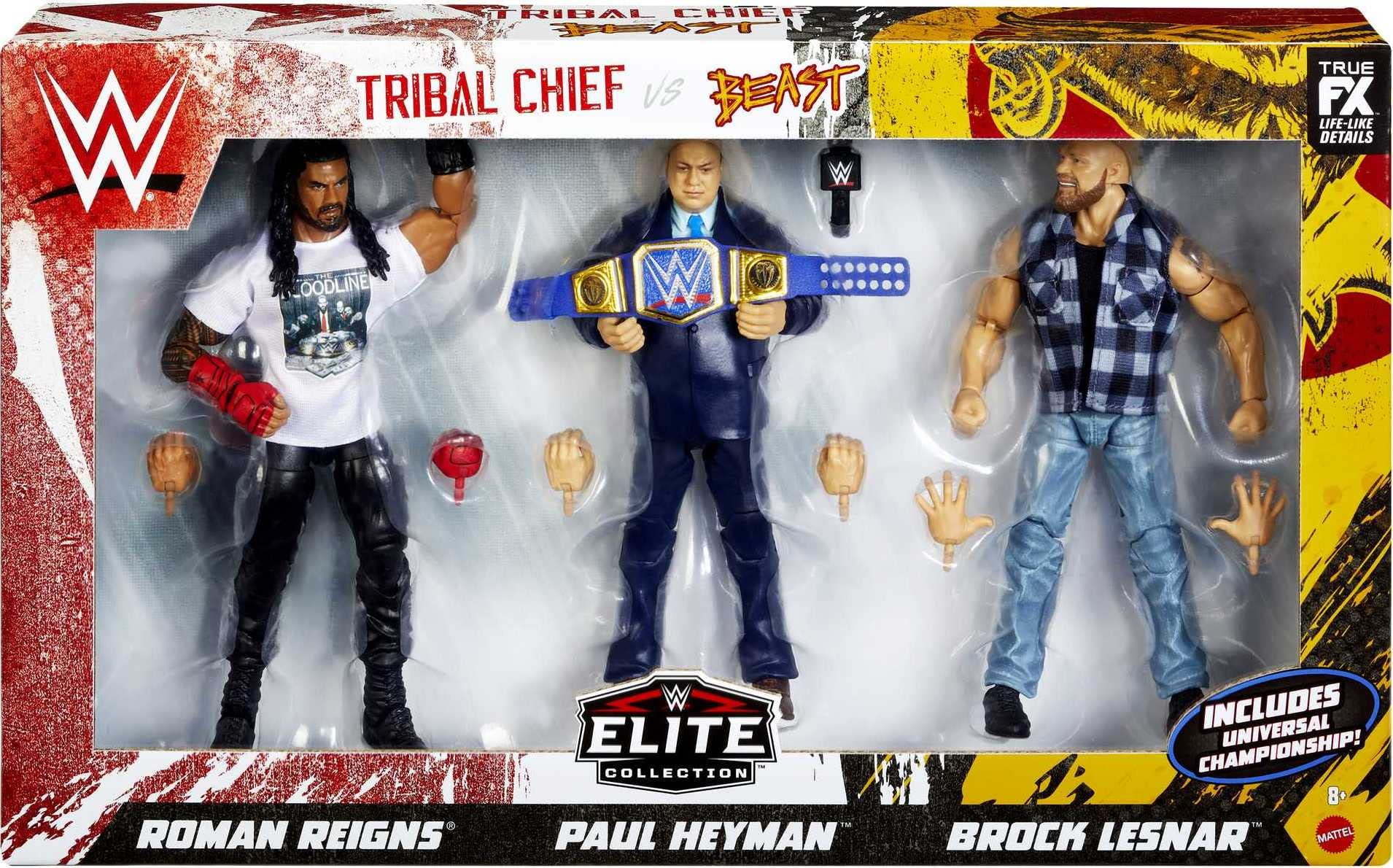 Mattel Action Figure 3-Pack Tribal Chief vs Beast Incarnate Roman Reigns Brock Lesnar & Paul Heyman Elite Collection