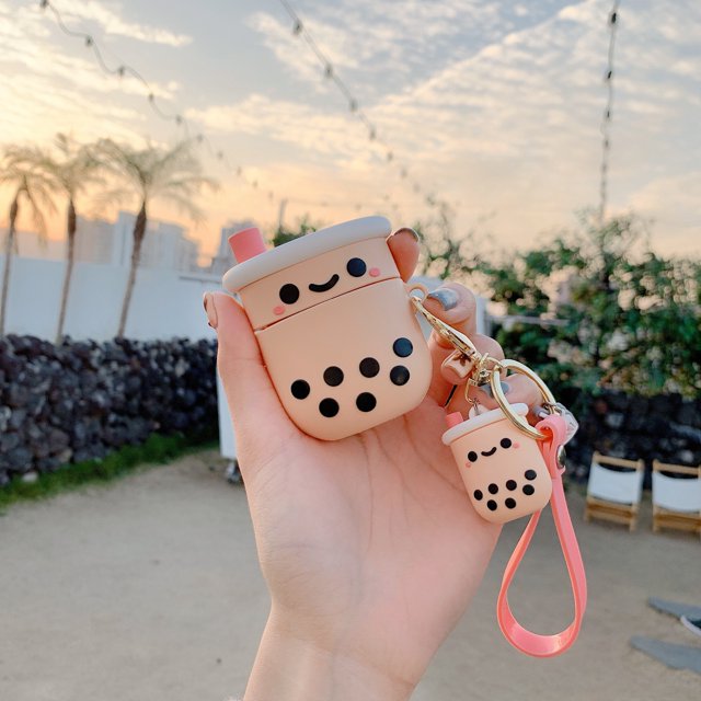 Bonita funda para Aairpods 1/2 con llavero, diseño de té de leche rosa Boba compatible con Aairpods 1/2, funda de carga para mujeres y niñas MFZFUKR WMPH-1195