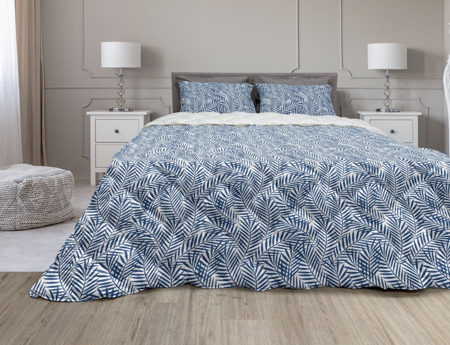 Navy Blue Comforter \u0026 Sham Bedding Set, Tropical Rainforest Inspirations Blue Palm Tree Leaves Abstract Exotic Nature, 3 Pcs Duvet Set Microfiber