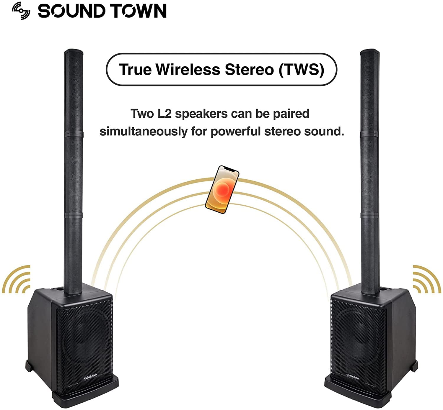 Sound Town Portable Line Array Column PA/DJ System with 12" Powered Subwoofer, TWS Bluetooth, DSP, Carry Bag (CARPO-L2)
