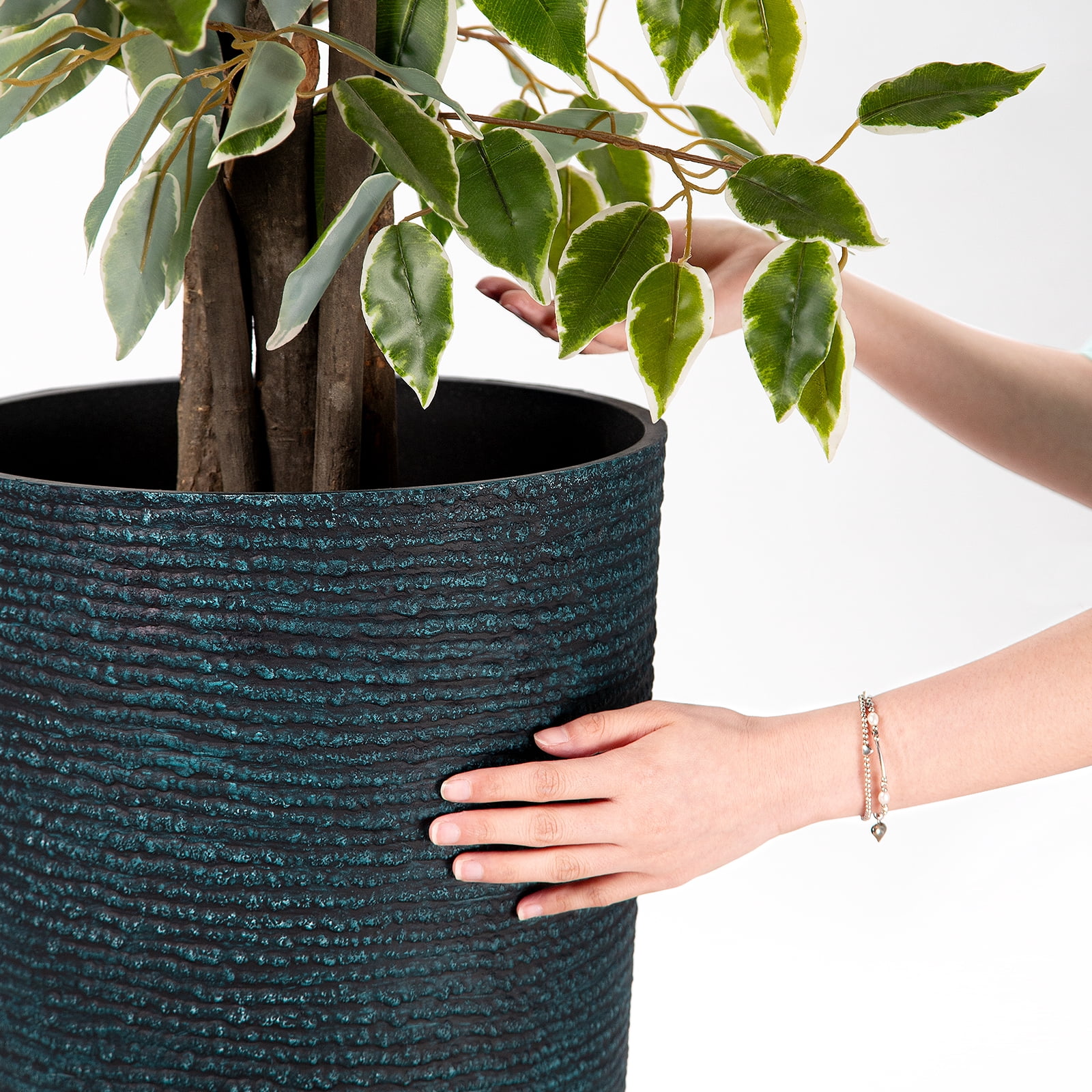 QCQHDU 21 inch Tall Planters with Saucer,2 Pack 9 Gallon Stone Round Pots for Indoor Plants,Outdoor Patio & Porch Decor, Heavy Duty Weatherproof Plant Containers,Blue