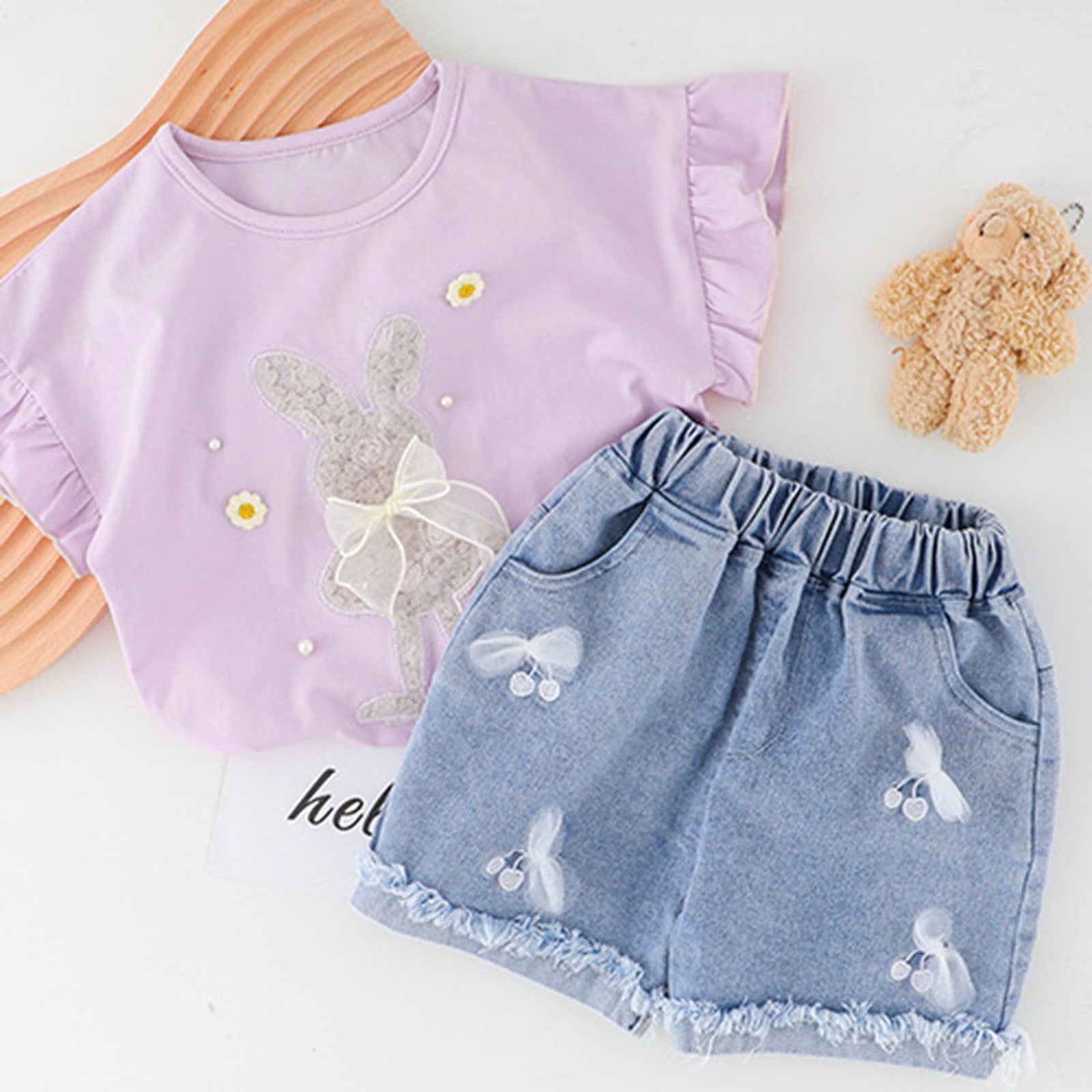 Utlike Girls 2 Pcs Outfits Set Toddler Summer Flying Sleeves Easter Cute Bunny Bow Applique T-Shirts Tops Denim Shorts Set Girl'S Cheap Clothing Set Size 2-3 Years