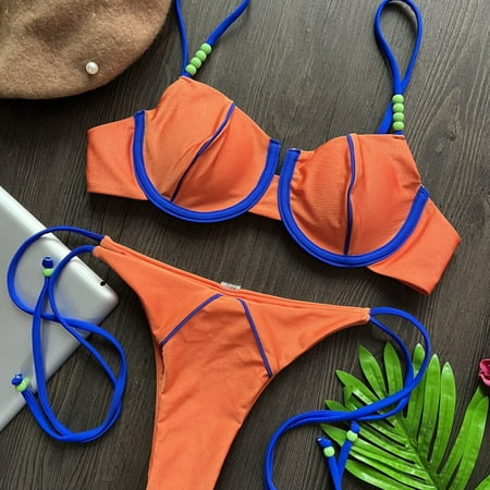Guiexla 2Pcs/Set Adjustable Straps Beads Decor Pads Underwire Bikini Set Push-Up Bra Low Waist Briefs Splicing Color Swimsuit Beachwear