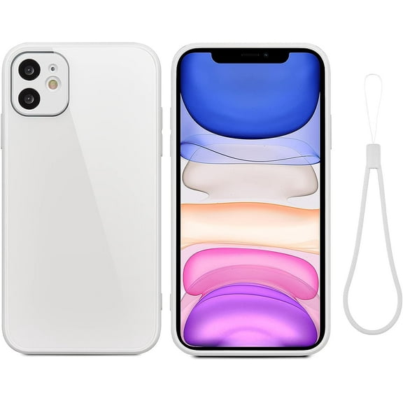 Case for iPhone 11 6.1 inch, Slim Soft Liquid Silicone Phone Case with Tempered Glass Back Fashion Hand Strap Shockproof TPU Bumper Cover - White