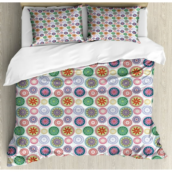 Mandala Duvet Cover Set Queen Size, Festive Ornamental Different Floral Motifs in Circular Designs Oriental Abstract, Decorative 3 Piece Bedding Set with 2 Pillow Shams, Multicolor, by Ambesonne