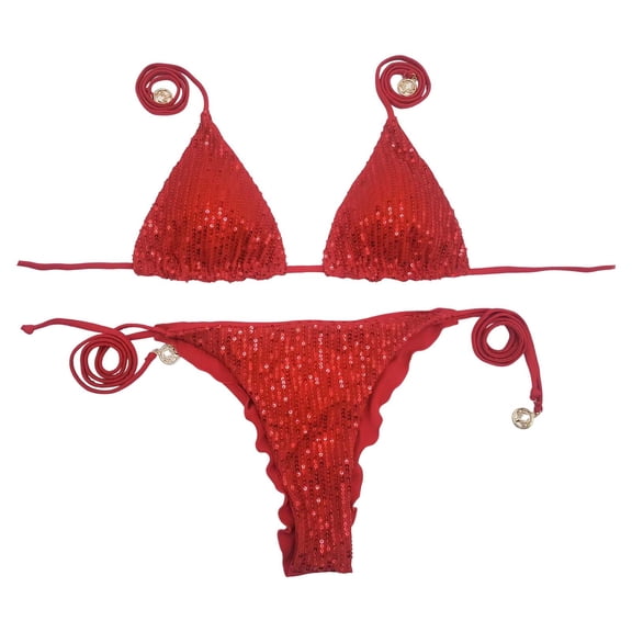 Wdgfv Women's Metallic String Thong Bikini Set Triangle Halter 2 Piece Brazilian Swimsuit