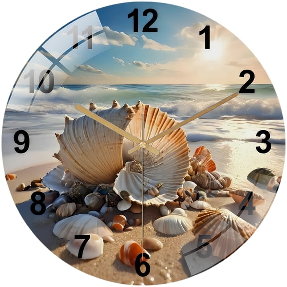 Round Glass Wall Clock,Tempered Glass Wall Clock, Blue Wall Clock, Pebble Wall Clock, Stone Wall Clock, Beach House Decor, Ocean Wall Clock, Coastal Sunset Clock Style 12×12inch
