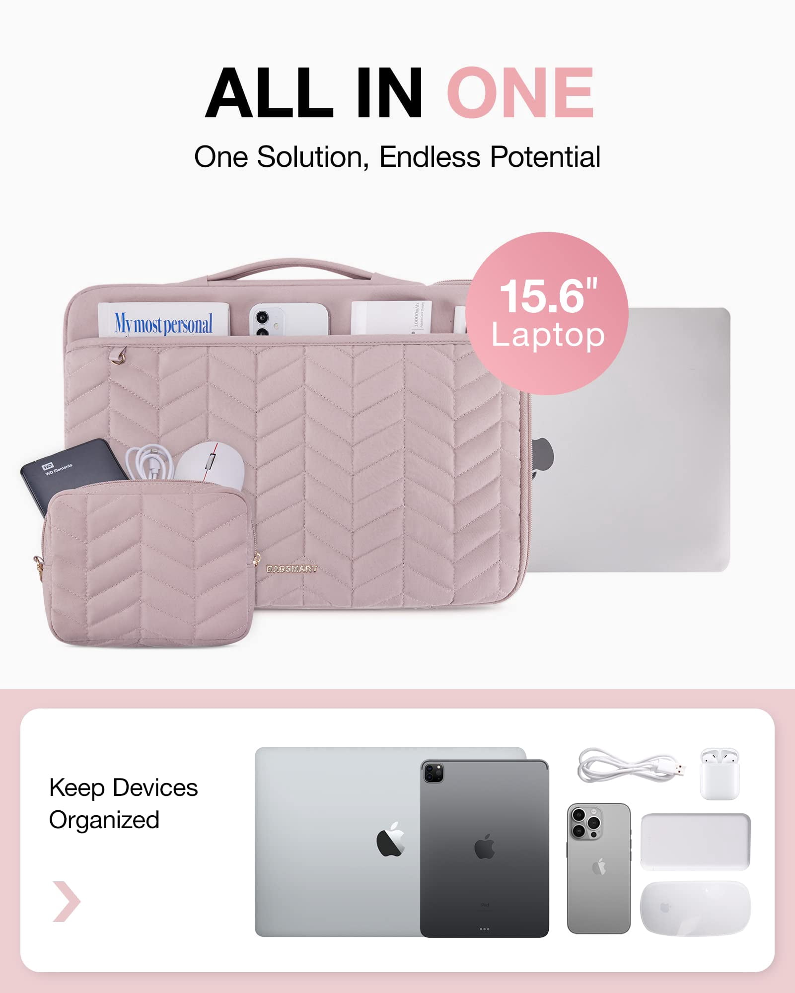 BAGSMART 15-16" Laptop Sleeve Bag Compatible with MacBook Air Pro, Puffy Padded Protective Slim Laptop Case with Accessories Bag, Pink