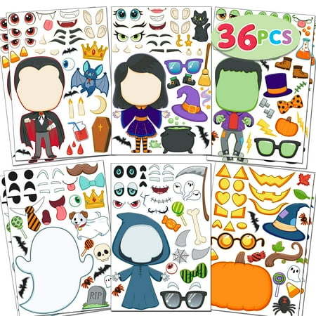 36 PCS Make-a-face Sticker Sheets Make Your Own Halloween Characters Mix and Match Sticker with Full Body Design Vampire Witch Frankenstein Ghost and More Halloween Kids Party Favor Supplies Craft