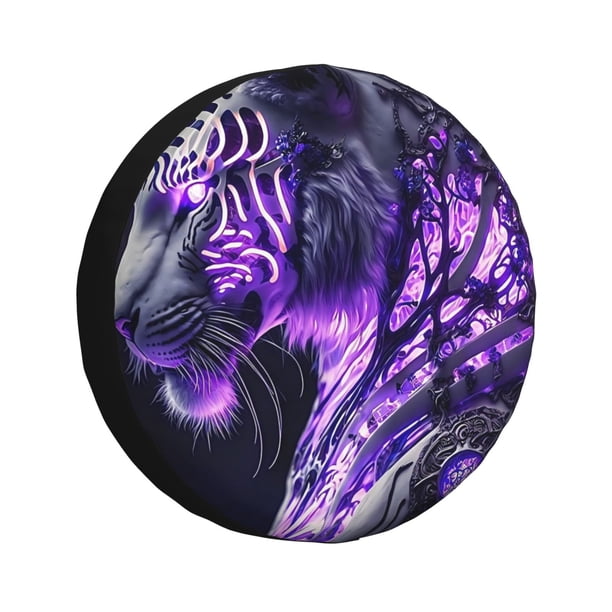 Fotbe Purple Pattern White Tiger Funda de Llanta de Repuesto con Estampado, Engrosada, Ajuste Universal para Jeep, Remolque, RV, SUV, Camión-15 inch