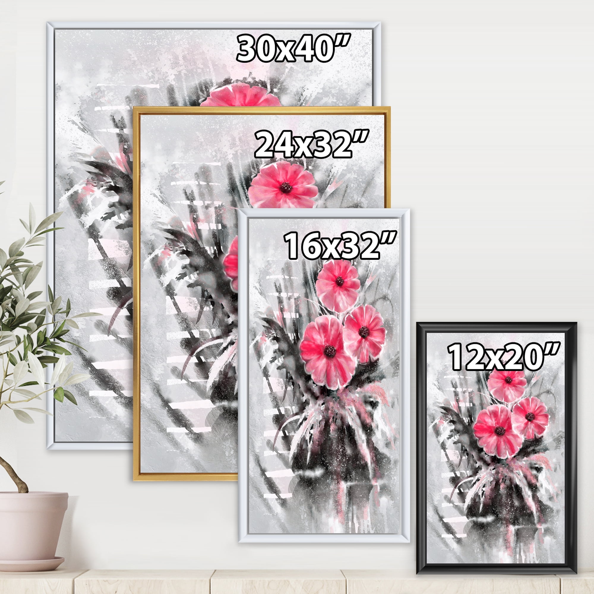 Designart 'Abstract Red Flowers On Gray Background' Traditional Framed Canvas Wall Art Print