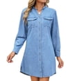 thumbnail image 2 of Sevevn Women's Stand Collar Button Down Denim Shirt Dress Long Sleeve Chest Patch Pocket Side Split Loose Casual Mini Jean Dress Light Blue M, 2 of 9