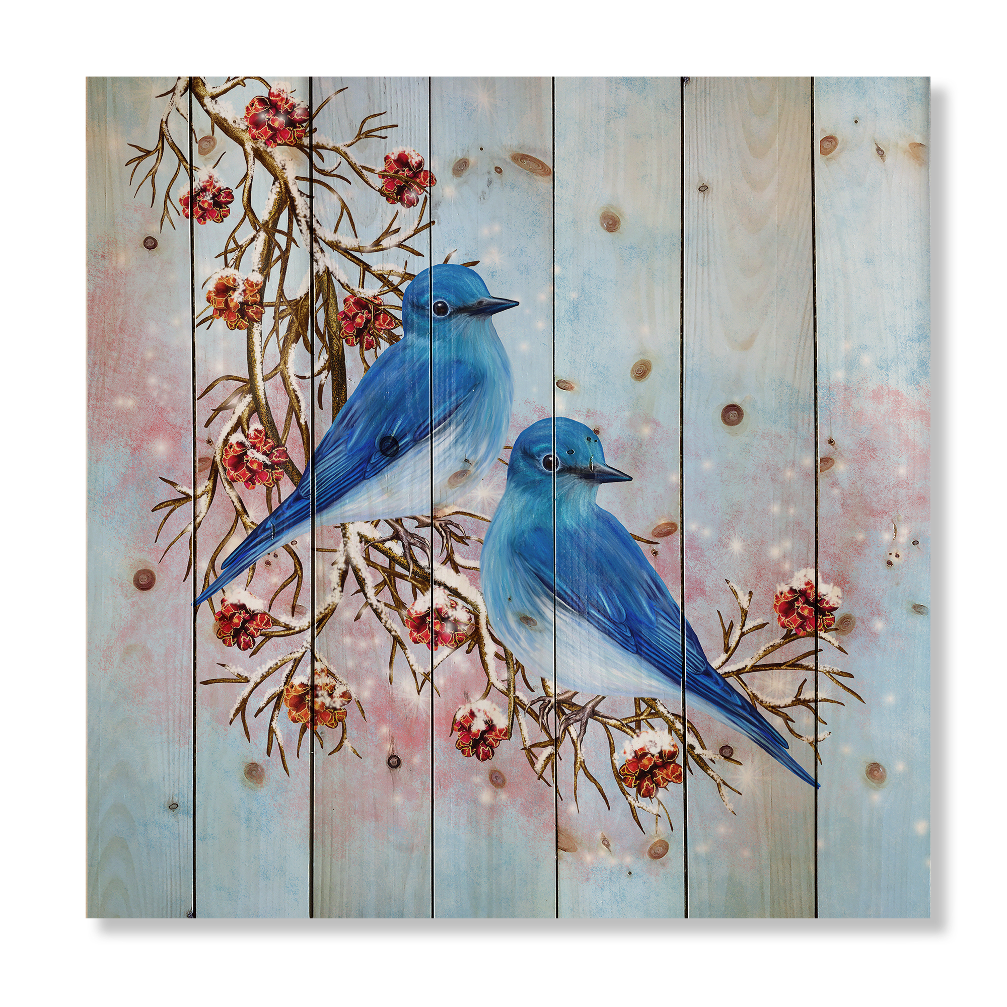 Designart 'Two Blue Birds Sitting On A Branch With Berries In Winter' Traditional Print on Natural Pine Wood