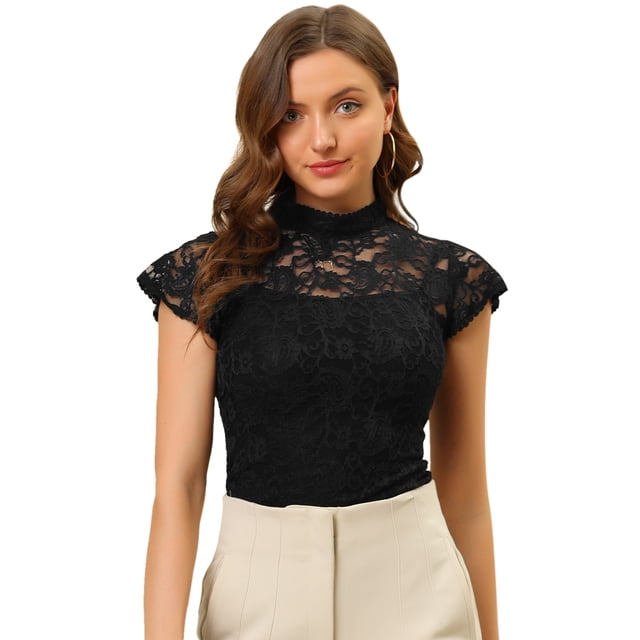 Blusa Semitransparente Allegra K Con cuello Alto Y Manga Corta Con Abertura En la Espalda Y Encaje para Mujer Negro XS