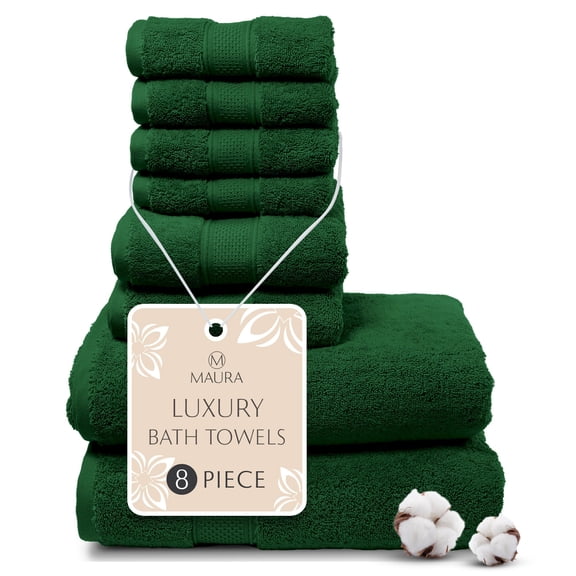 MAURA Green Bath Towel Set of 8 for Bathroom. Turkish Cotton Luxury Bath Towels. Extra Large, Thick, Plush & Soft. Hotel & Spa Quality - Dark Green