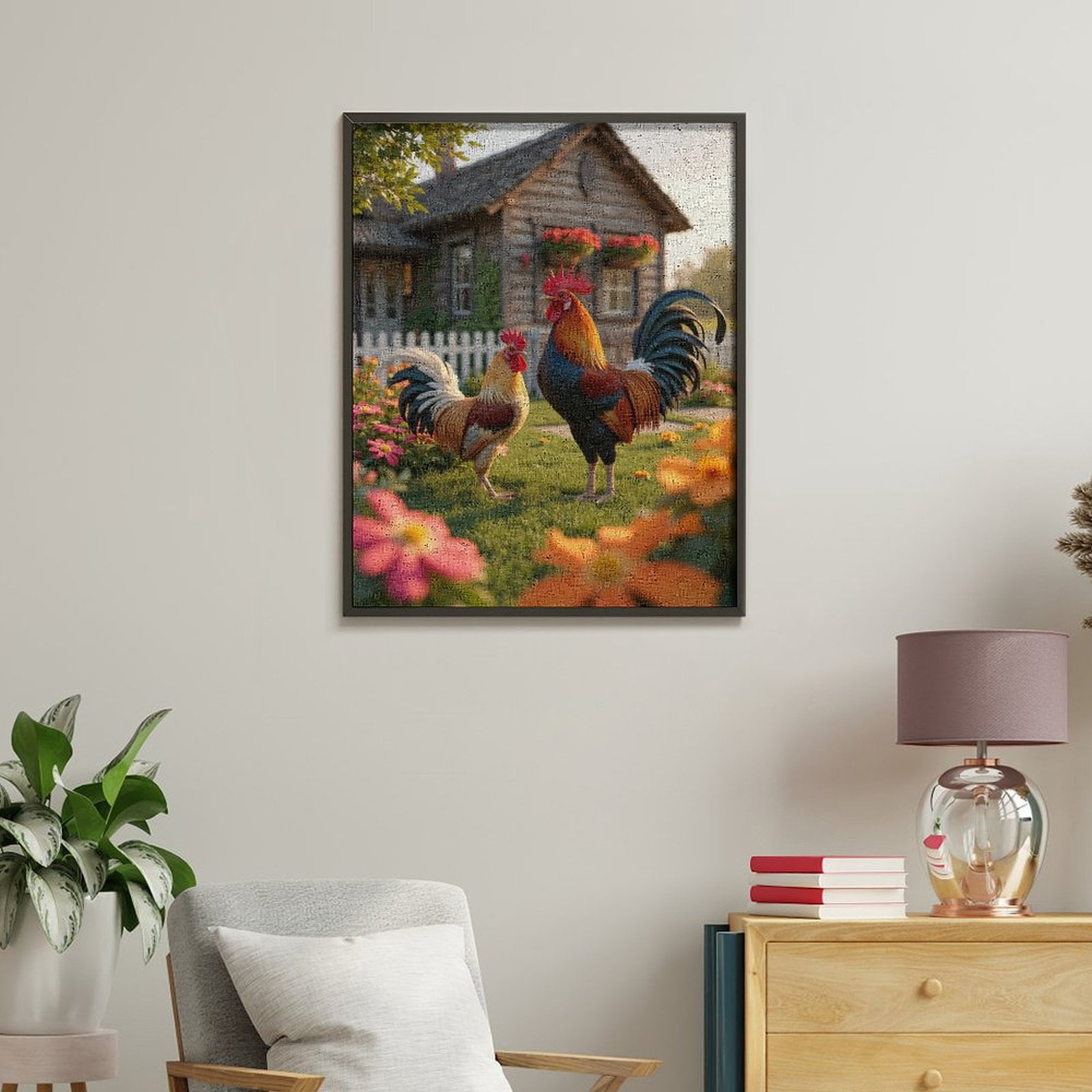 Paint by Numbers Kit for Adults, Roosters Garden Cottage Flowers Scene Paint by Numbers, Easy Paint by Numbers Kit for Adults Beginner, DIY Adult Paint by Number Kits on Canvas, 12x16in Home Decor