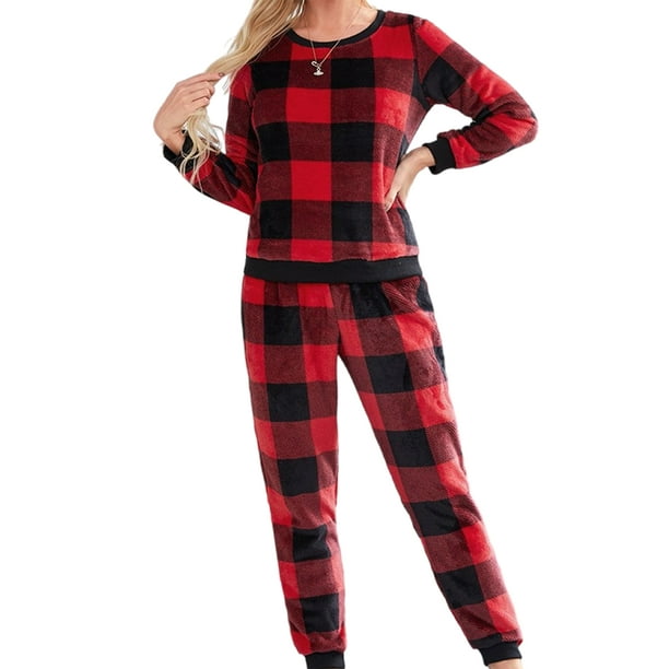 UKAP Women Flannel Plaid Nightwear Drawstring Pajamas Sets Baggy House Sleepwear Red M
