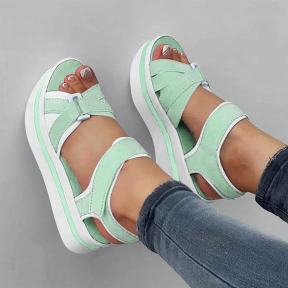 Aayomet Flat Sandals for Women Ladies Fashion Summer Color Blocking Open Toe Hook Loop Thick Wedge Heel Sandals,Mint Green 8.5