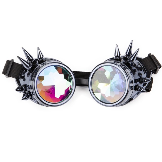 C.F.GOGGLE Rivet Kaleidoscope Rave Rainbow Crystal Lenses Steampunk Goggles, Black/ Copper/ Brass
