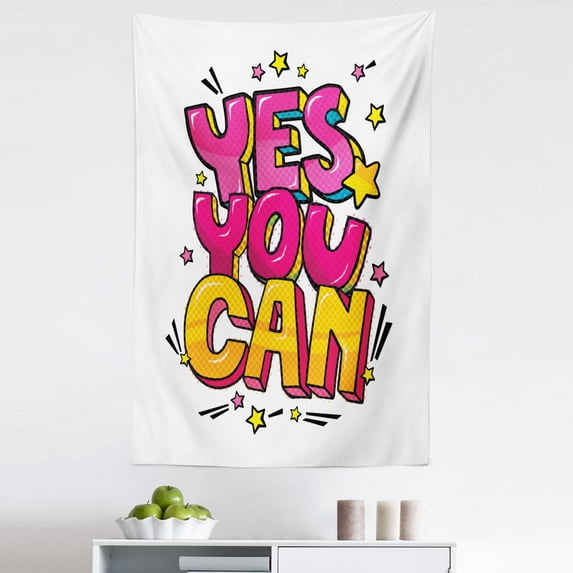 Saying Tapestry, Yes You Can Message Graffiti Word Bubble Style with Stars, Fabric Wall Hanging Decor for Bedroom Living Room Dorm, 5 Sizes, Hot Pink Yellow and Blue, by Ambesonne