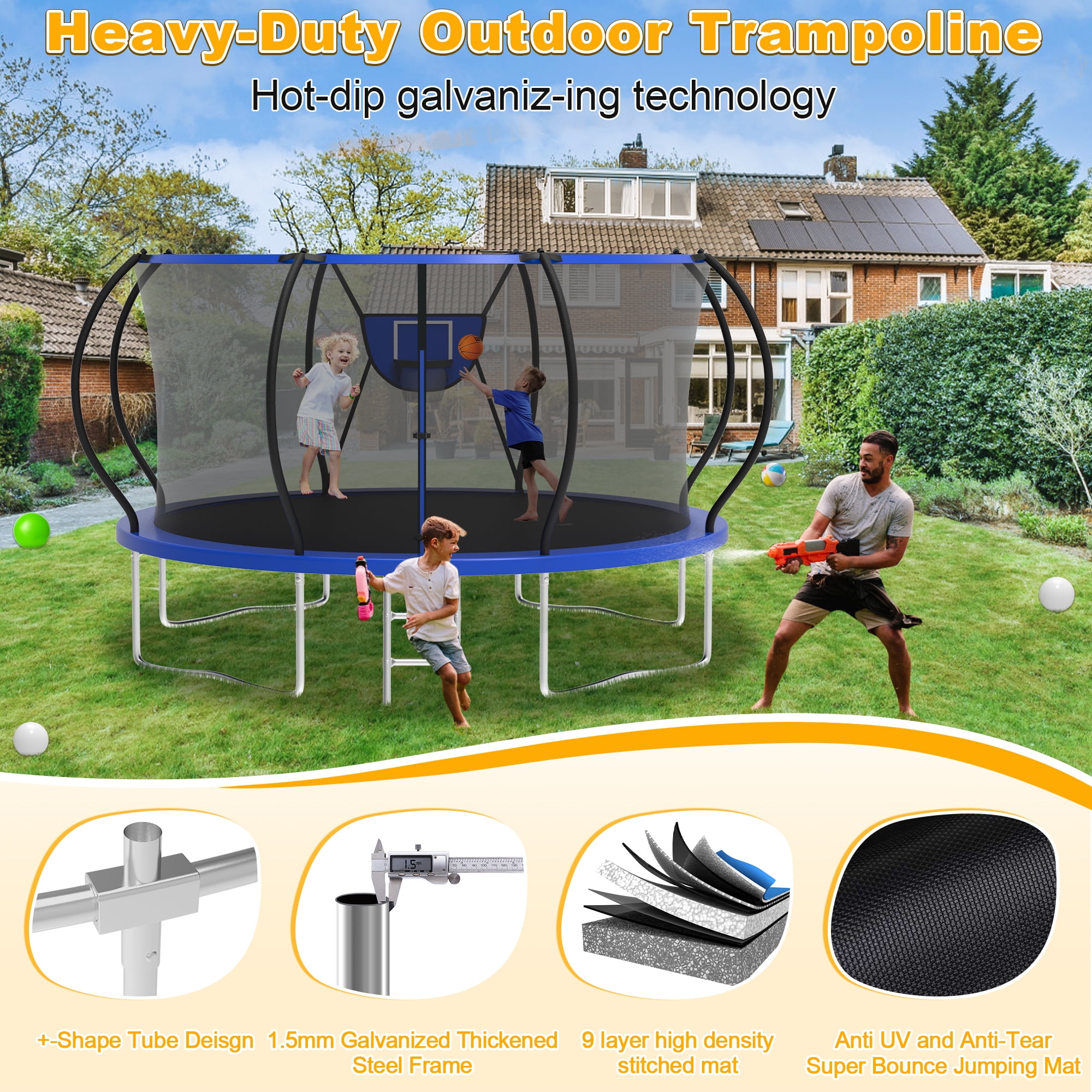 XMIKA Trampoline for Kids and Adults, 8 FT 10FT 12FT 16FT 14FT Trampolines Outdoor with Enclosure Net, Basketball Hoop, Ladder, Light, Sprinkler, Backyard Recreational Trampoline, Curved Design