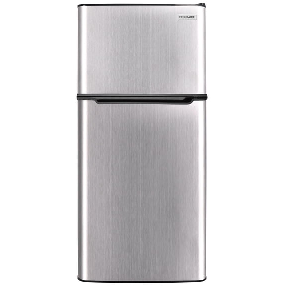 Frigidaire 4.5 cu ft 2-Door Compact Refrigerator with Freezer and Chrome trim—space-saving, energy-efficient mini fridge ideal for dorms, offices, and small kitchens.