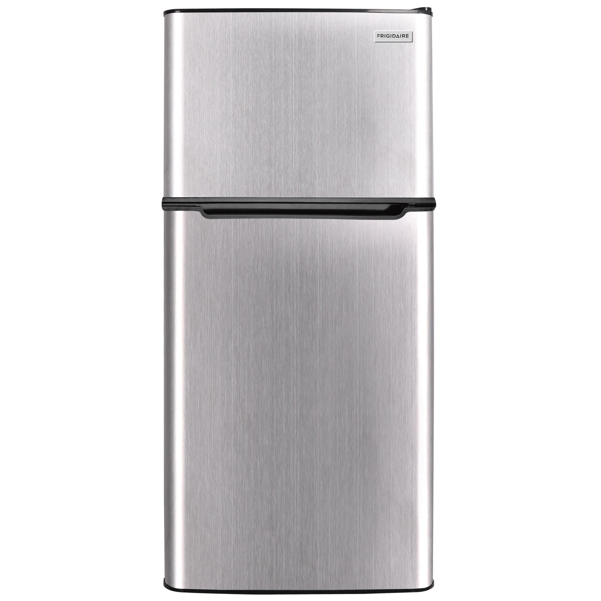 Frigidaire 4.5 cu ft 2-Door Compact Refrigerator with Freezer and Chrome trim—space-saving, energy-efficient mini fridge ideal for dorms, offices, and small kitchens.
