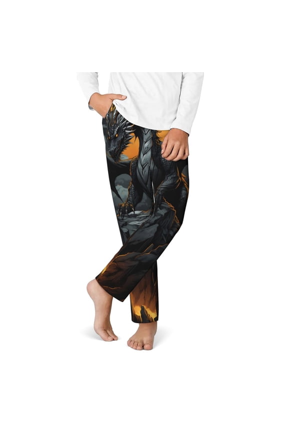 Full Moon Black Dragon Print Youth Home Trousers, Elastic Waistband with Pockets for Home and Outing, Suitable for Children Aged 5-16-Large