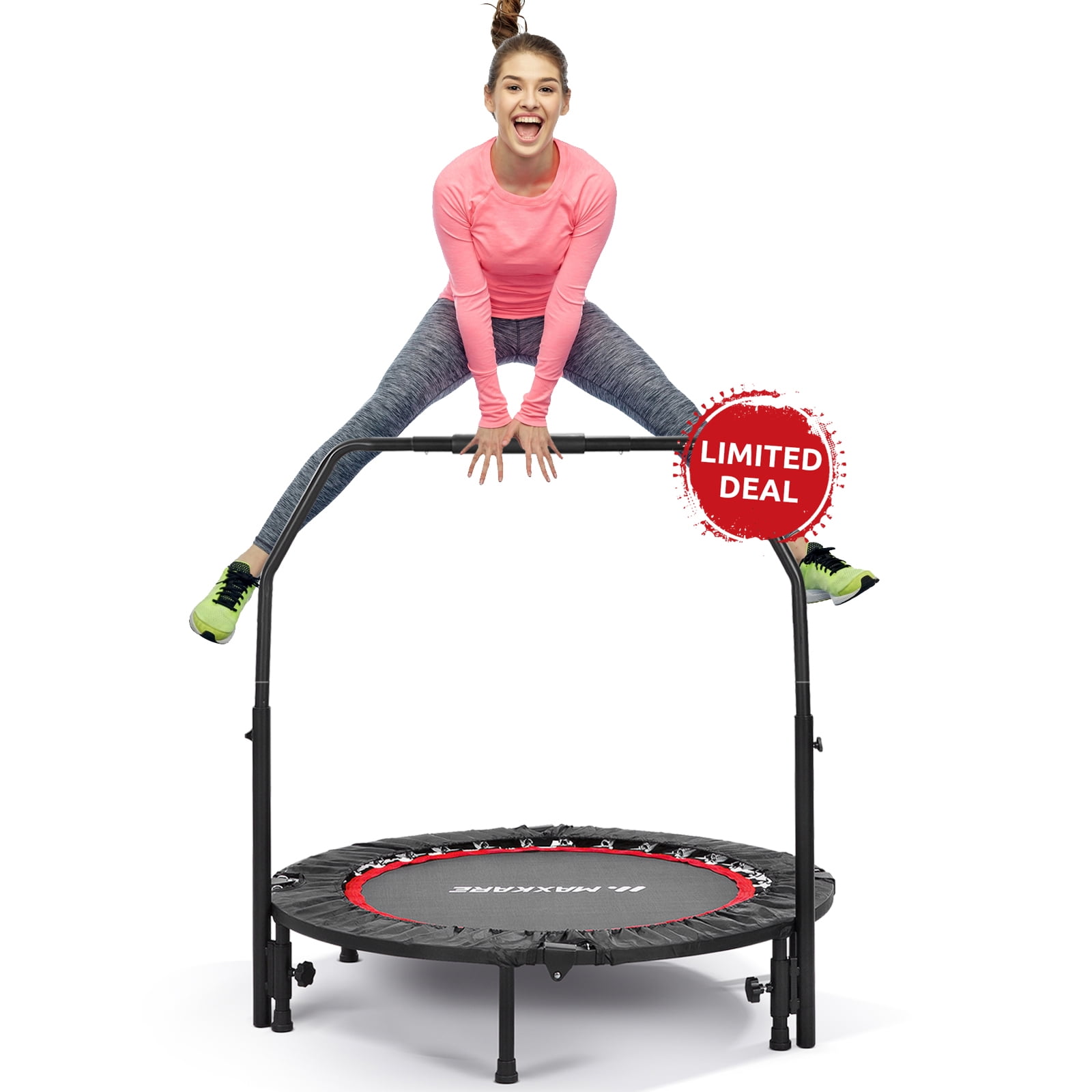 OUHOUG 40 Foldable Mini Trampoline，Trampoline for Adults Fitness Rebounder with 5 Levels Adjustable Foam Handle，Exercise Trampoline for Adults Indoor/Garden Workout Max Load 500lbs 