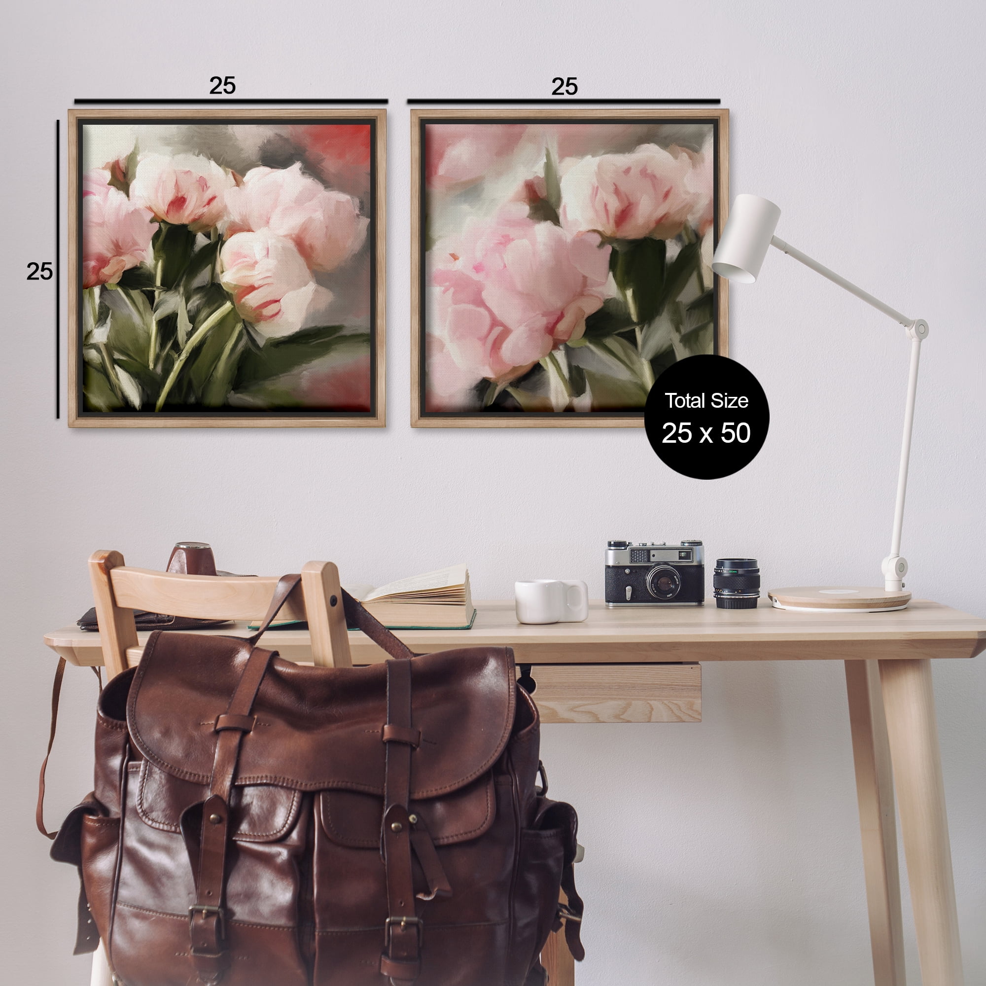 Stupell Industries Soft Pink Peony Arrangement Plants & Flowers Painting Brown Floater Framed Canvas Art Print Wall Art, 25 x 25, Set of 2