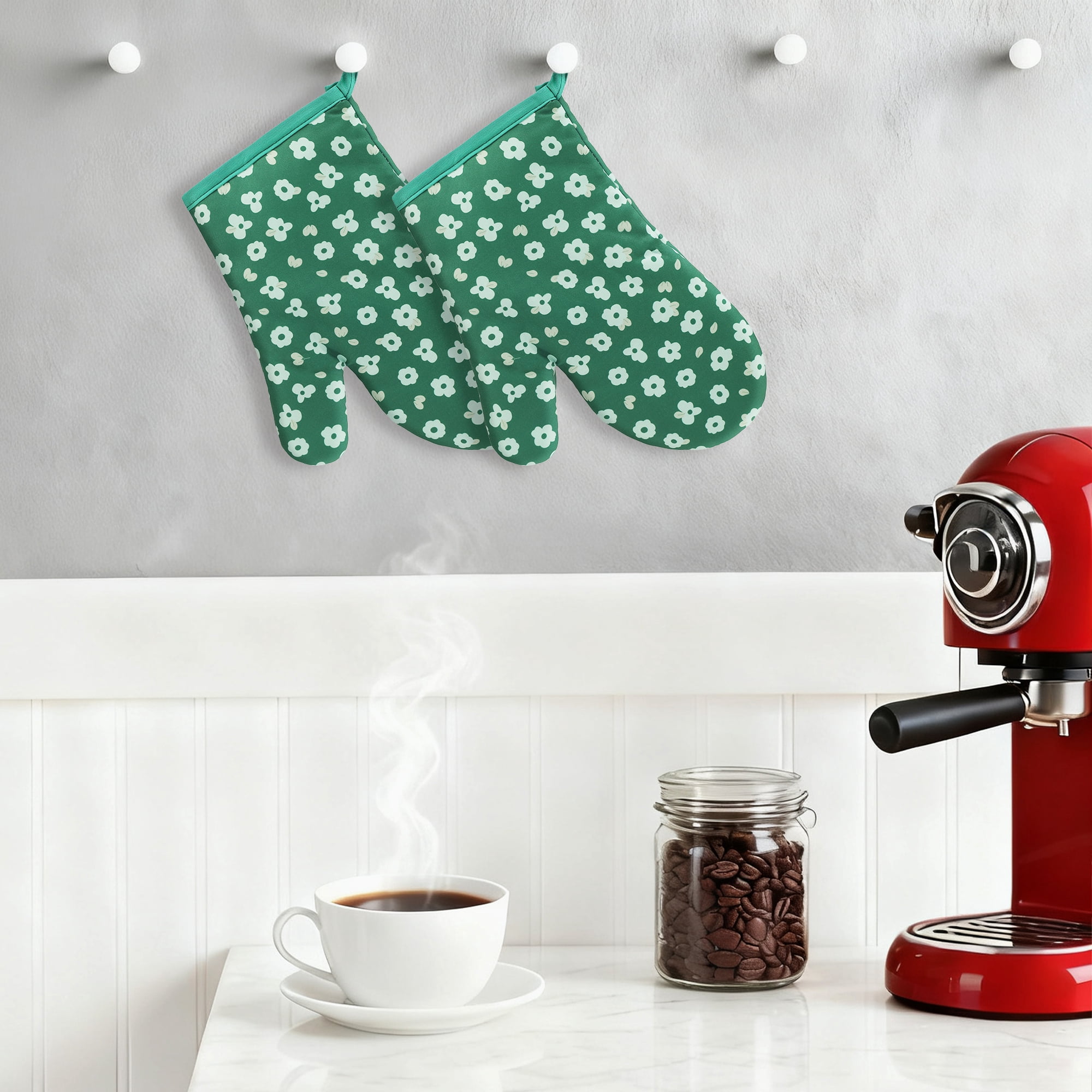 Unique Bargains Soft Heat-Resistant Cotton Oven Mitts 2 Pcs Green 10.2x5.5 Inch