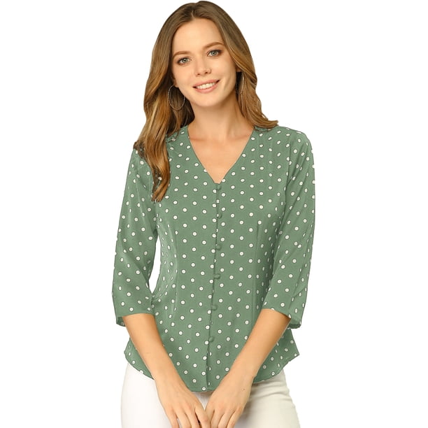 Top de blusa de oficina vintage Allegra K con botones de manga 3/4 y lunares para mujer Verde Oliva L