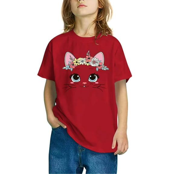 Eltusu Girls Cotton T-shirts, Short Sleeve Crewneck Pullover Cute Graphic Tee Red Size 5-6 T