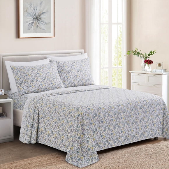 Marina Decoration Ultra Soft Silky Deep Pocket Rich Printed Bedding Rayon from Bamboo All Season Sheet Set with Pillowcases, Teal Yellow Floral Pattern
