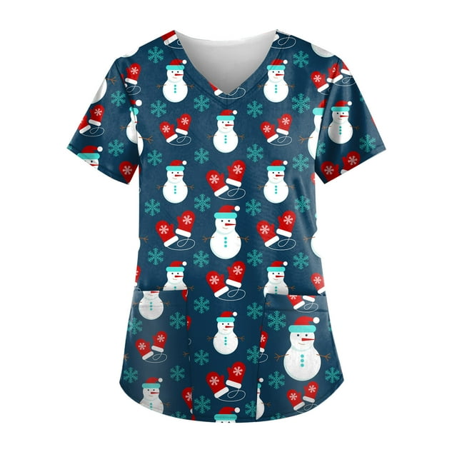LSLJS Sarraus de Noël pour Femmes Haut de Sarrau Père Noël Extensible Haut de Sarrau Infirmier Chemise Uniforme de Travail Imprimé Blouse à Poche Hauts, Hauts de Sarrau de Noël